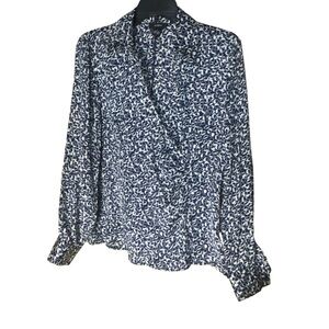 Alfani 100% Silk Navy and White Patterned Blouse FLAWED - Size 8